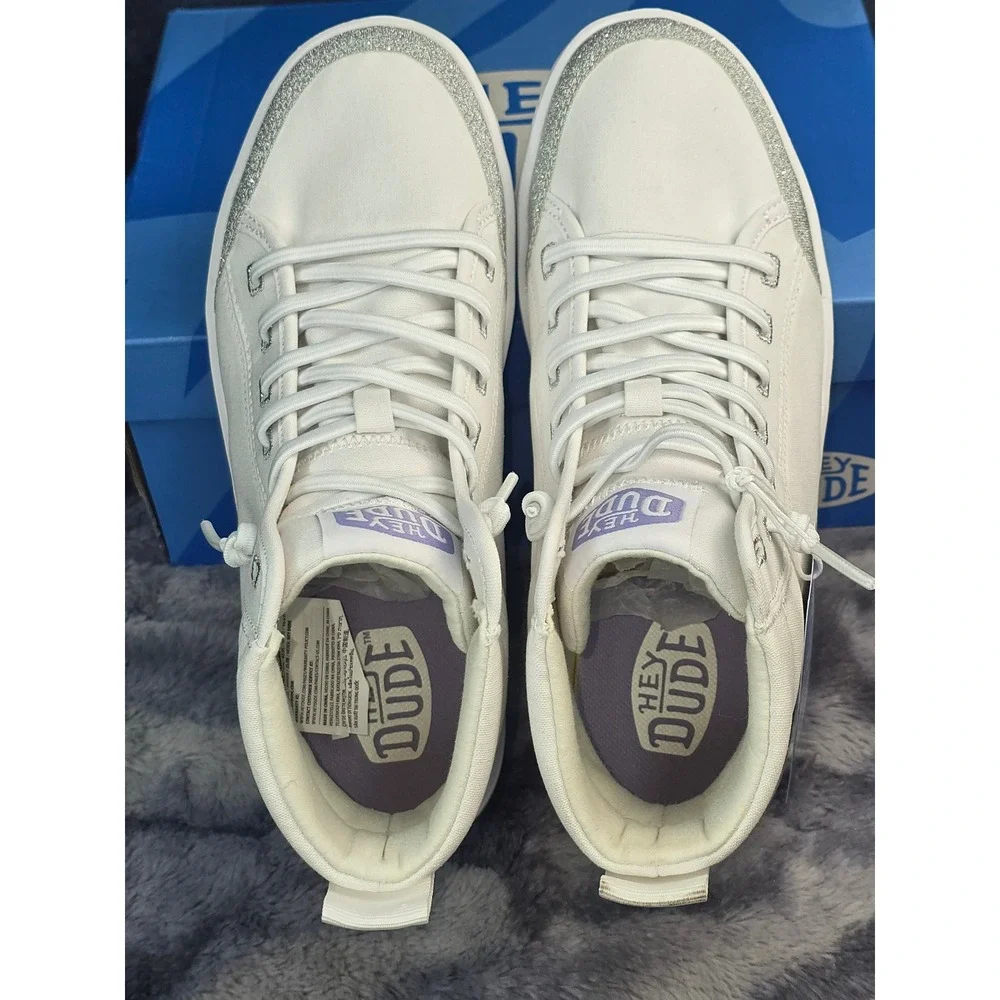 NWB Hey Dude Cody Hi Sparkle White Glitter High Top Sneakers youth Size 5